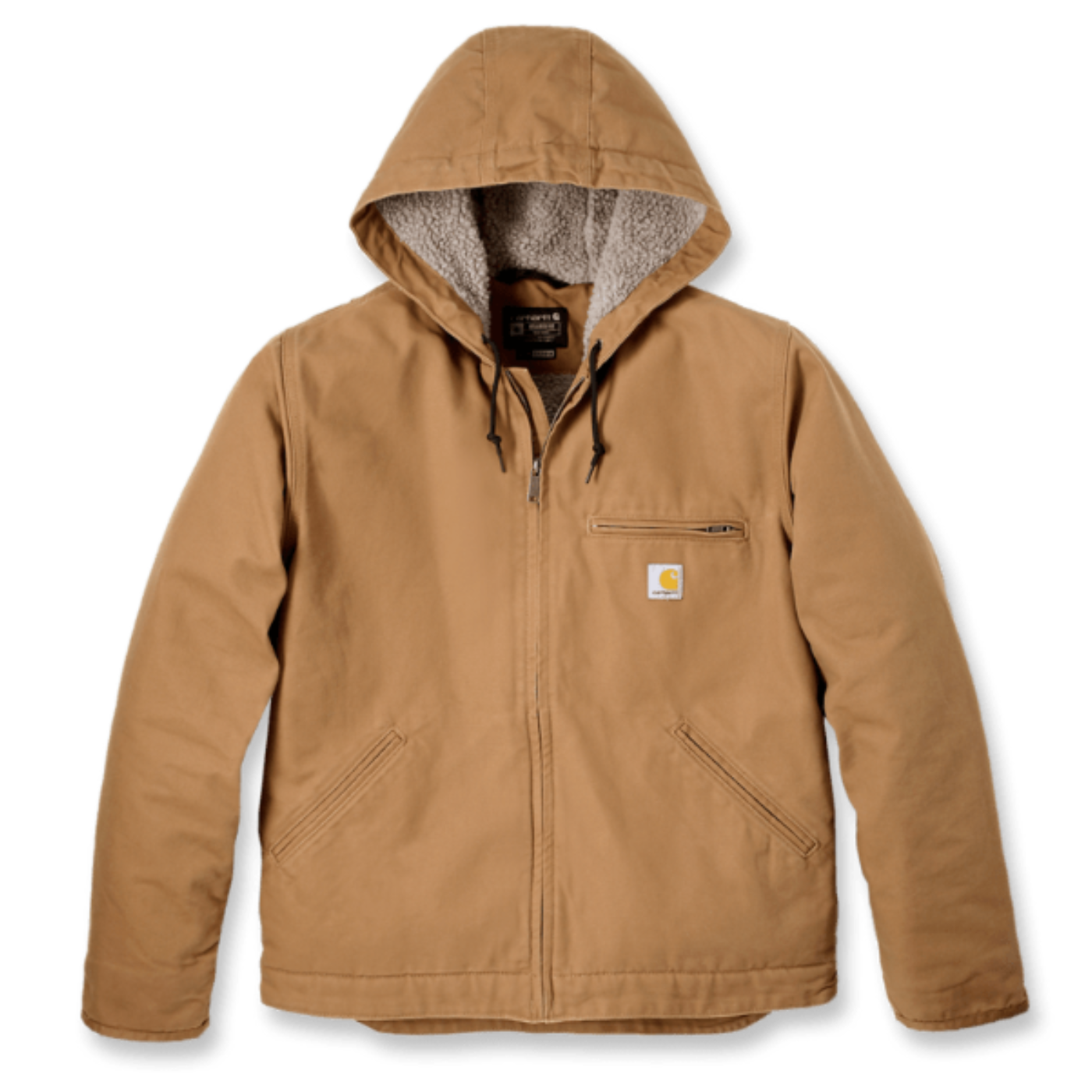 Carhartt Men's Relaxed Fit Washed Duck Sherpa-Lined Hooded Jacket in Brown