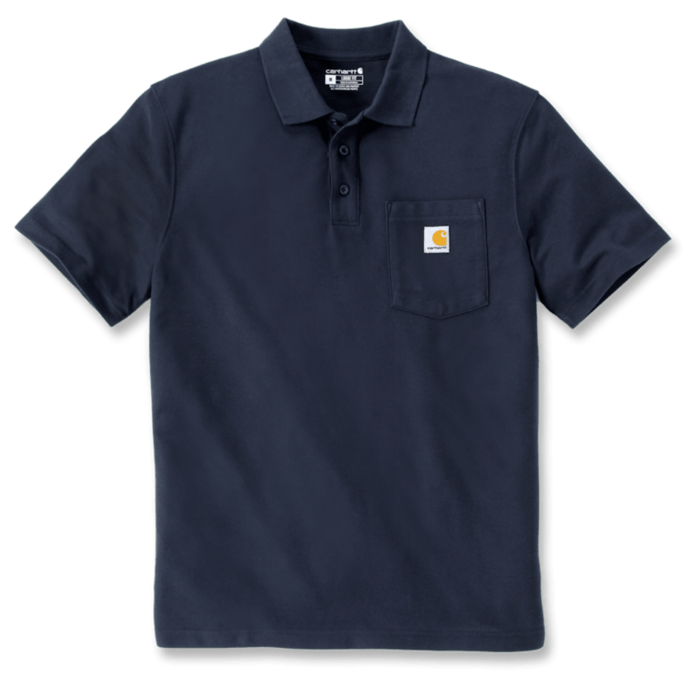 Polo de manga curta para homem Carhartt Loose Midweight com bolso em Azul Marinho. Foto da parte da frente.